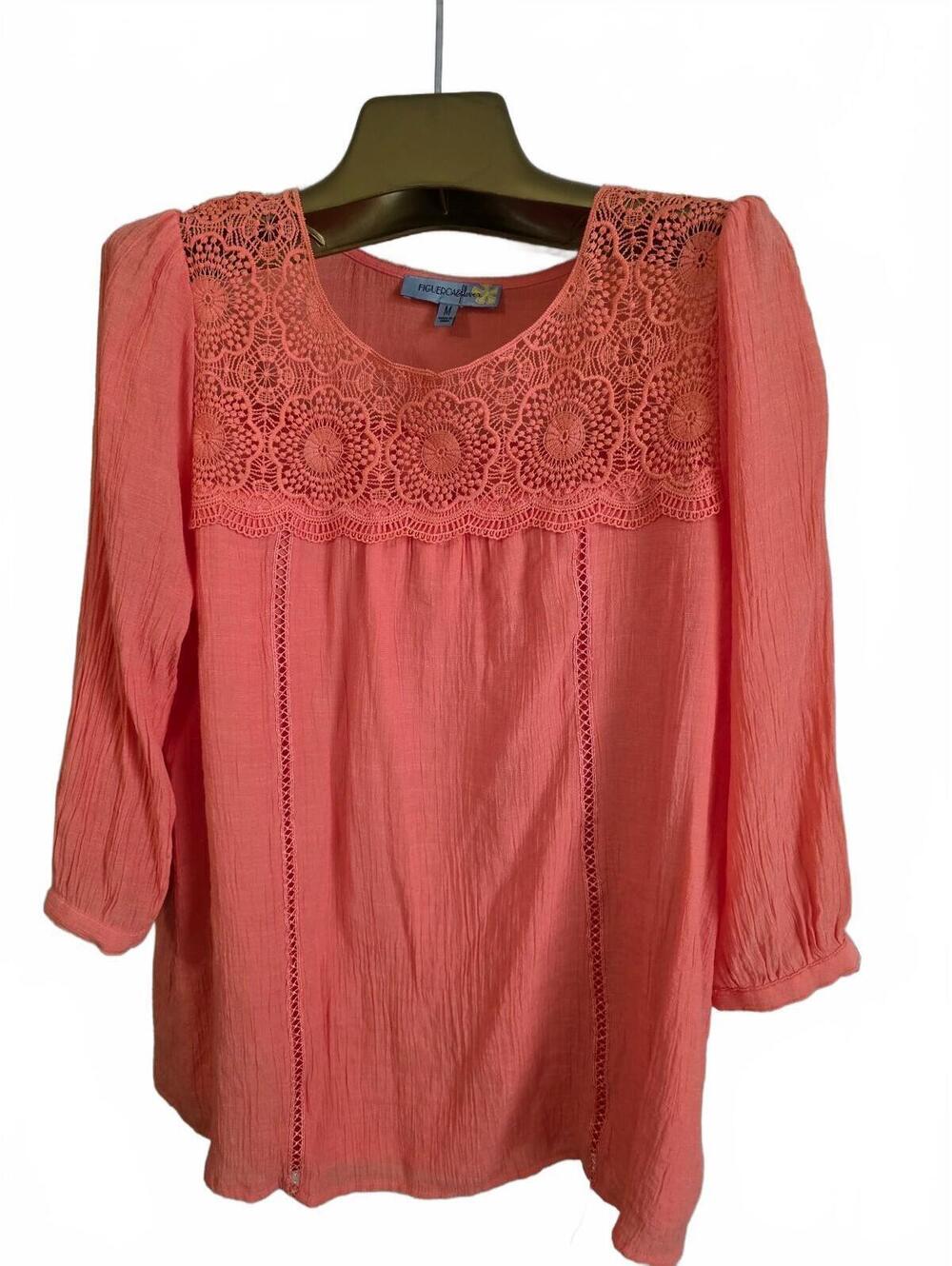 Figueroa Flower Boho Coral Lace Detail Blouse Size Medium